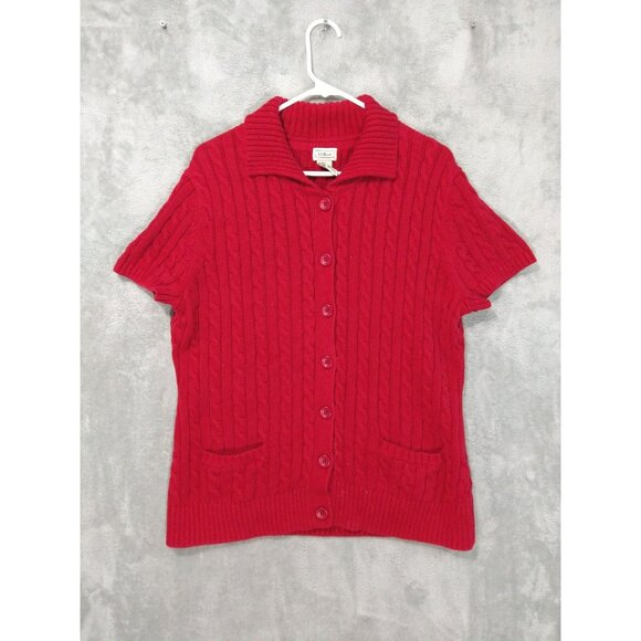 LL Bean Sweater Womens XL Red Cable Knit Cardigan Short Sleeve Cotton Fisherman - Picture 1 of 7